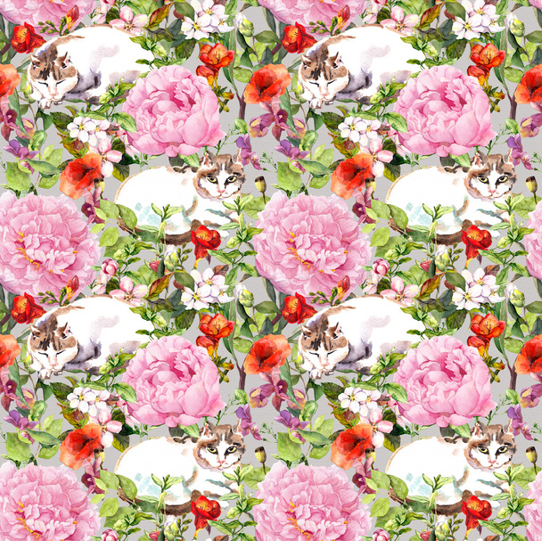Cats lying in grass and flowers. Floral seamless pattern. Watercolor - Foto, Imagem
