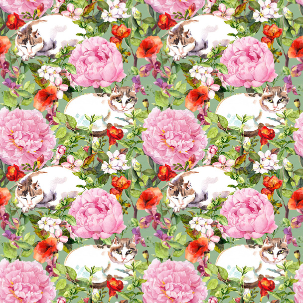 Cat sleeping in grass and flowers. Floral seamless wallpaper pattern for interior design. Watercolor - Φωτογραφία, εικόνα