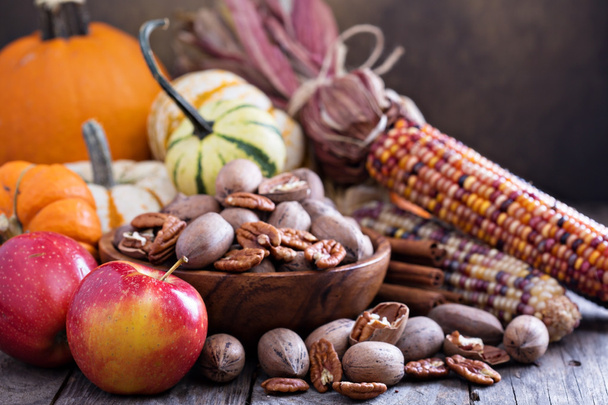 Pumpkins, nuts, indian corn and apples - Fotografie, Obrázek