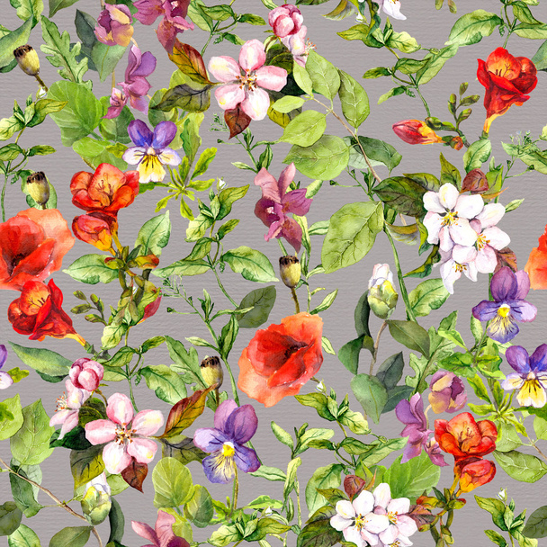 Seamless floral wallpaper. Meadow with wild grass, flowers, herbs. Water color - Foto, Bild