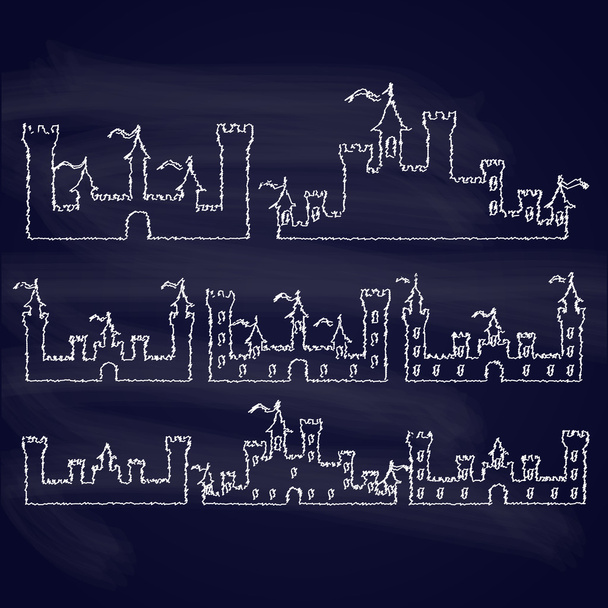 Conjunto de castillos de fantasía siluetas de tiza para el diseño. Aislado sobre fondo azul oscuro. Vector
 - Vector, imagen