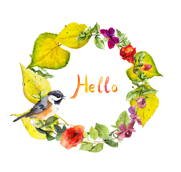 Bright autumn wreath with text Hello. Flowers, cute bird and yellow leaves. Floral watercolor border - Foto, Imagen