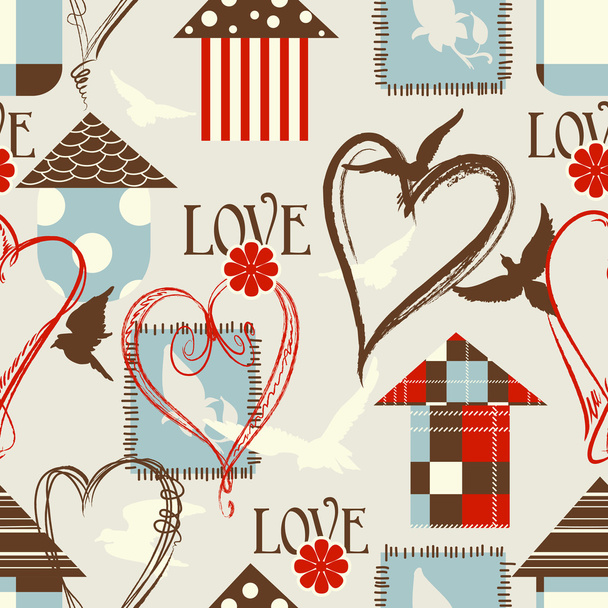 Love seamless pattern with birds, birdcages and hearts - Vector, imagen