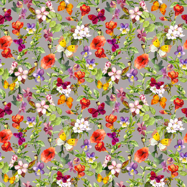 Summer meadow flowers and butterflies. Ditsy repeating floral pattern. Watercolor - Фото, изображение