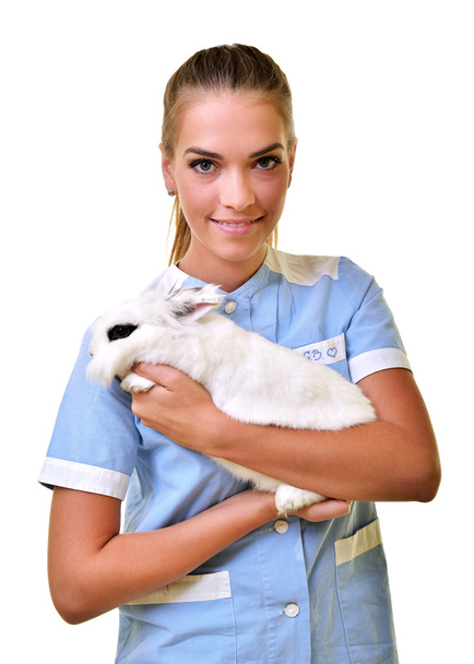 Smiling vet holding up and examining cute white rabbit - Photo, image