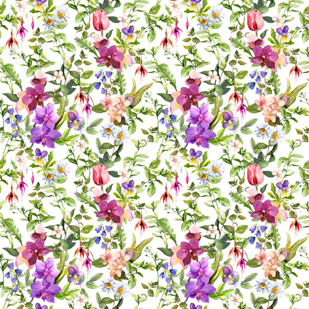 Meadow flowers and wild herbs. Seamless floral pattern. Watercolor - Фото, изображение