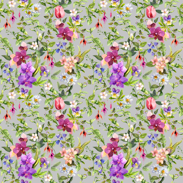 Meadow flowers and wild grass. Repeating floral pattern. - Photo, Image
