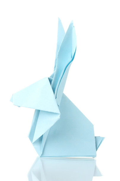 Origami rabbit out of the blue paper isolated on white - Фото, изображение