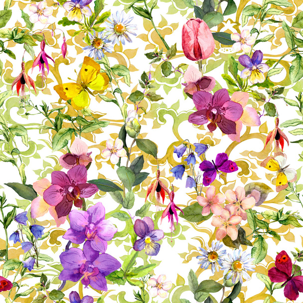 Floral seamless wallpaper. Flowers in meadow and butterflies with vintage oriental ornament. Watercolor for interior design - Foto, Imagen