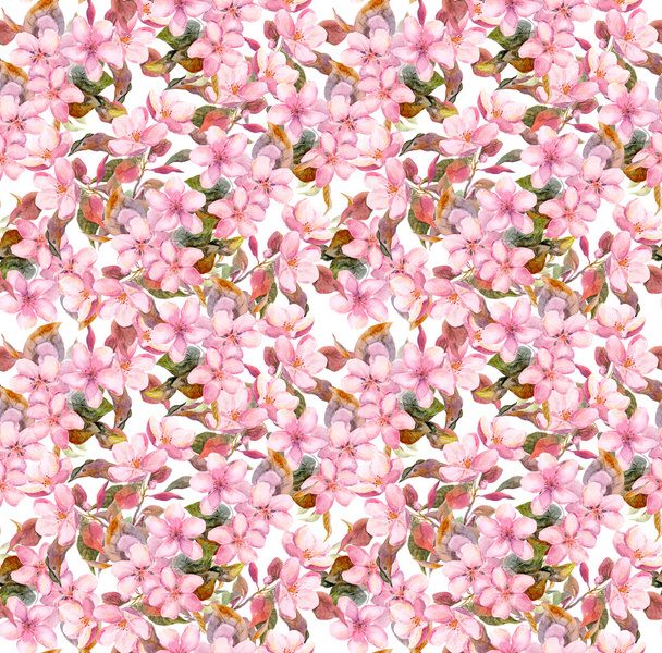 Sakura flowers. Seamless repeated floral wallpaper. Watercolor hand drawing - Фото, зображення