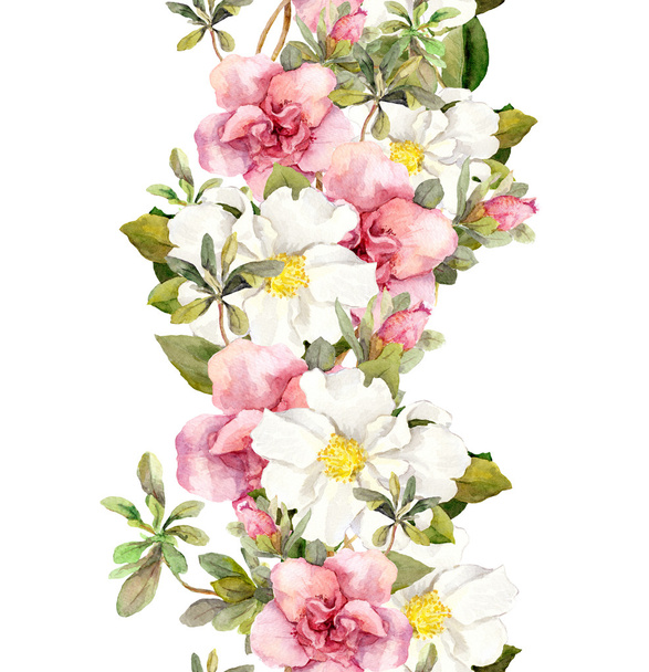 Kukka saumaton akvarelli runko raja vaaleanpunainen ja valkoinen kukkia. Aquarel - Valokuva, kuva