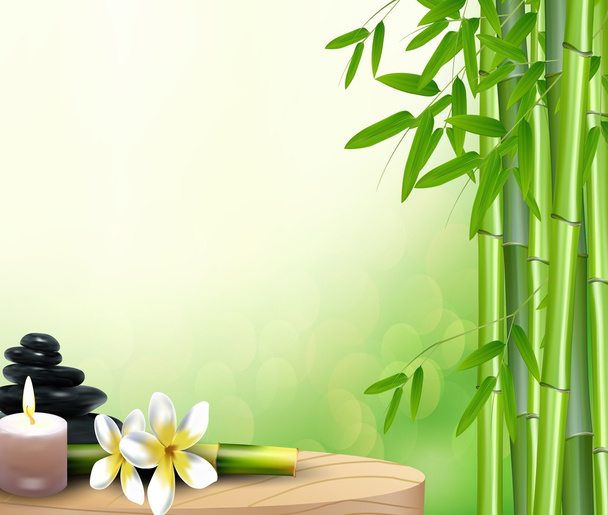 Bamboo, stone, flowers and wax background on the table - Vector, Image
