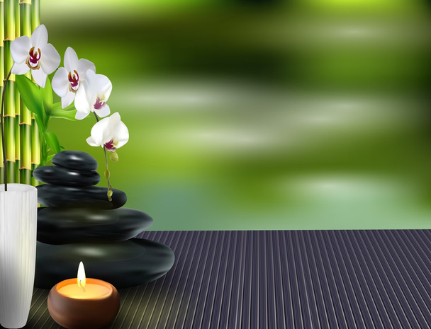 石、花、テーブルの背景に竹 - ベクター画像
