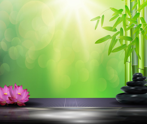 Bambusz, virágok, a nagy kő kő háttér - Vektor, kép