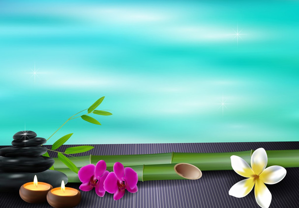 Kamień, wosk, kwiaty i bambusa błękitne morze tło - Wektor, obraz