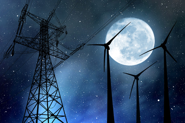 Turbiny wiatrowe i jakim pylon zapewnia energię elektryczną - Zdjęcie, obraz