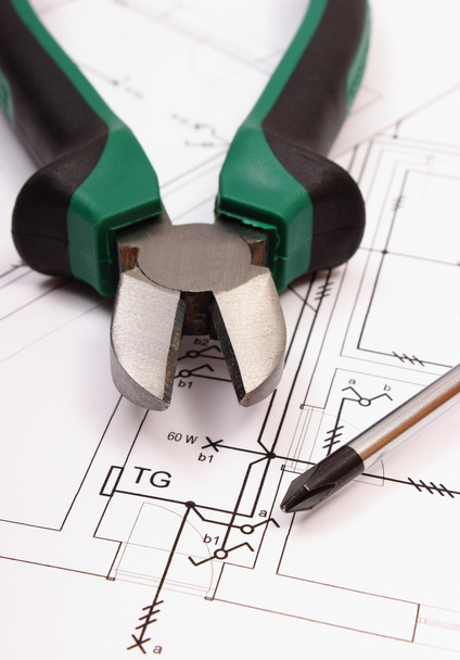 Metal pliers and screwdriver on electrical construction drawing of house - 写真・画像