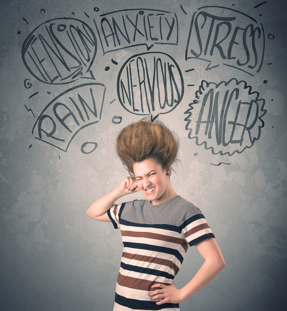 Mad young woman with extreme haisrtyle and speech bubbles - Photo, Image