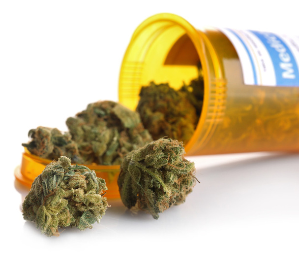 Bottle of dry medical cannabis isolated on white - Photo, Image