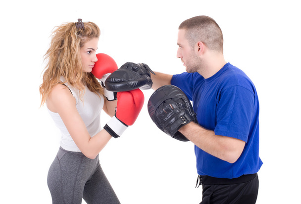Kickboxing girl with trainer in sparring - Fotoğraf, Görsel