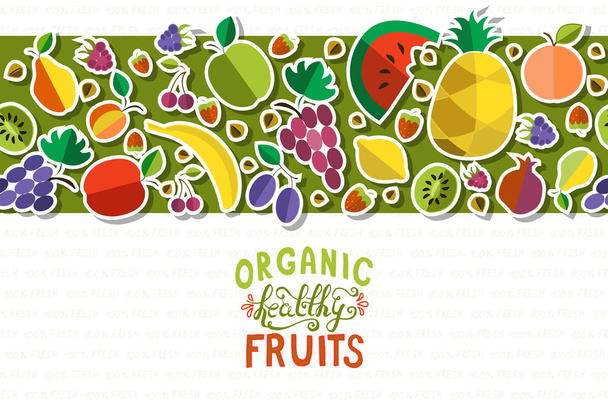 Orgaaninen terve käsi hahmoteltu tuoreita hedelmiä banneri
 - Vektori, kuva