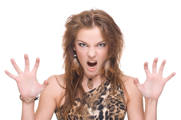 Closeup portrait of young angry savage woman - Zdjęcie, obraz
