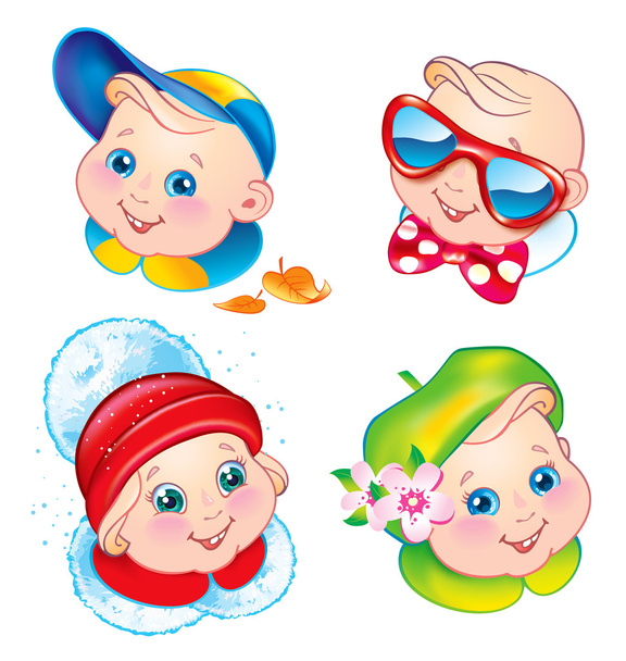 Children in winter, spring, summer and autumn clothes - Vector, Image