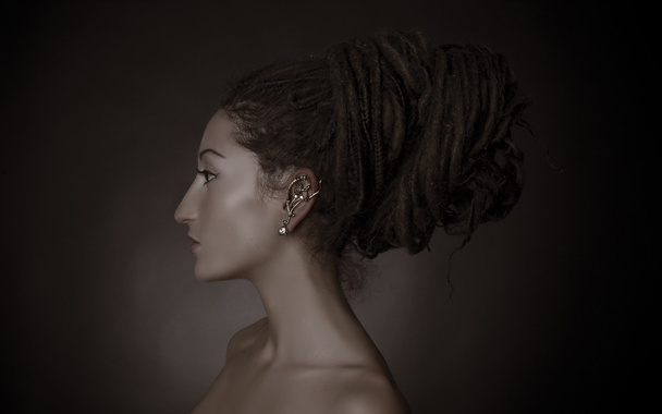 Nefertiti, estilizado tiro de moda. Mulher com um penteado dreadlocks bun
 - Foto, Imagem