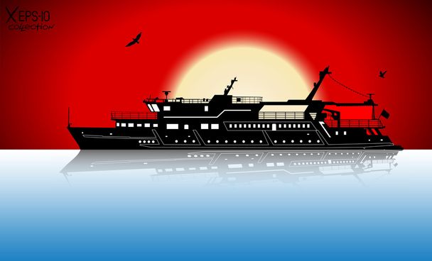 Silueta de barco turístico de recreo navegando por el río con reflexión sobre el agua y la puesta de sol roja y gaviotas. Ilustración vectorial
 - Vector, imagen