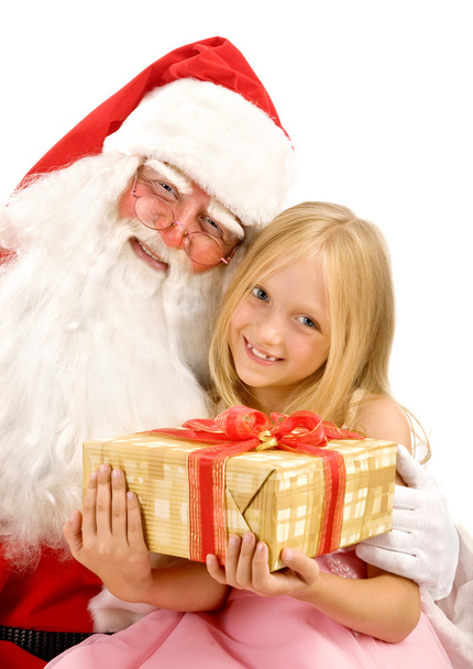 Santa Claus Hugging a Girl Holding a Gift Box on a White Backgro - Fotoğraf, Görsel