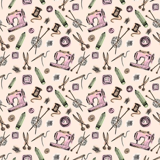 Seamless pattern with Sewing Supplies in doodle style - Vector, Image
