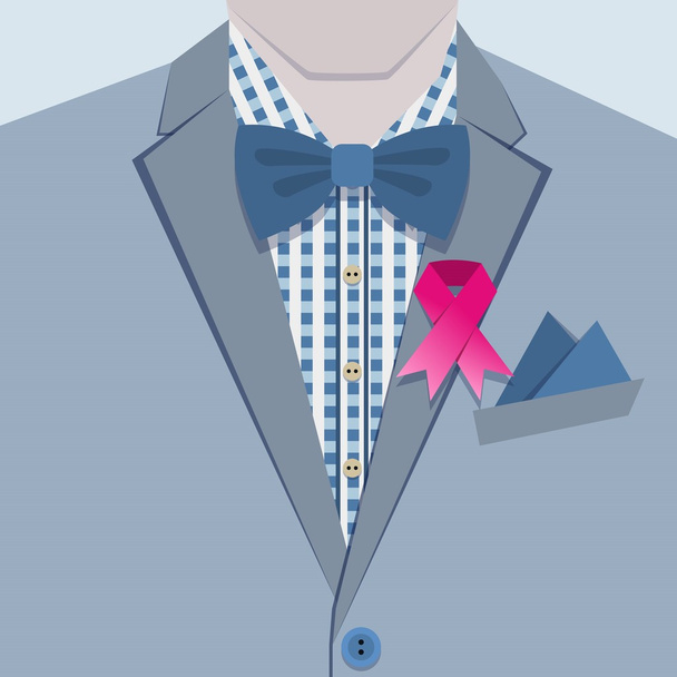 Divatos férfi-kék öltöny, kockás ing, csokornyakkendő és rózsaszín szalag tűs gallér közelről - Vektor, kép