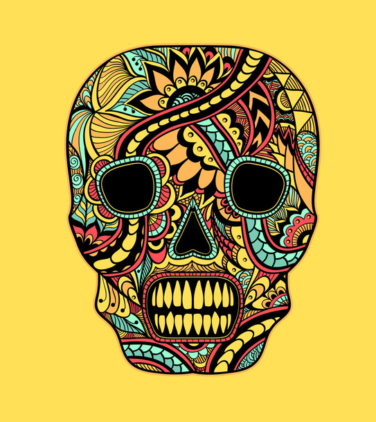 Decorar cráneo pintado ornamento colores completos en amarillo
 - Vector, Imagen
