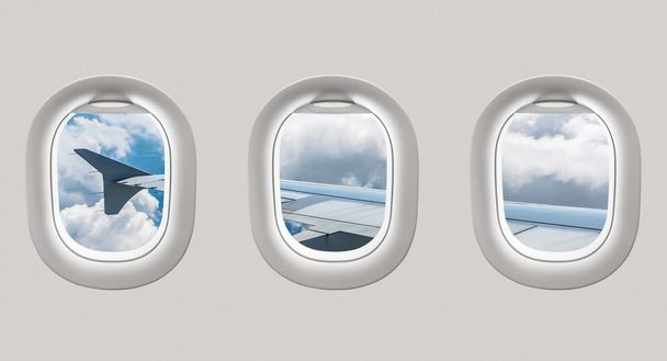 Olhando para fora das janelas de um avião para a asa da aeronave e clou
 - Foto, Imagem