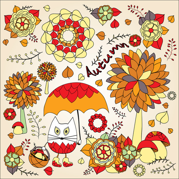 stock vector autumn background with cartoon cat, umbrella, tree - Vector, Imagen