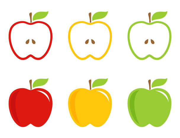 Żółty, zielony i czerwony stylizowane jabłka. - Wektor, obraz