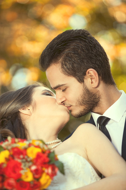 Just married couple kissing on blurred autumn background - Photo, Image