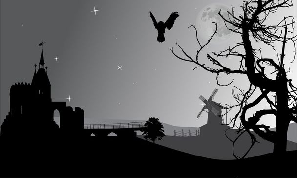 búho sobre castillo de noche
 - Vector, Imagen