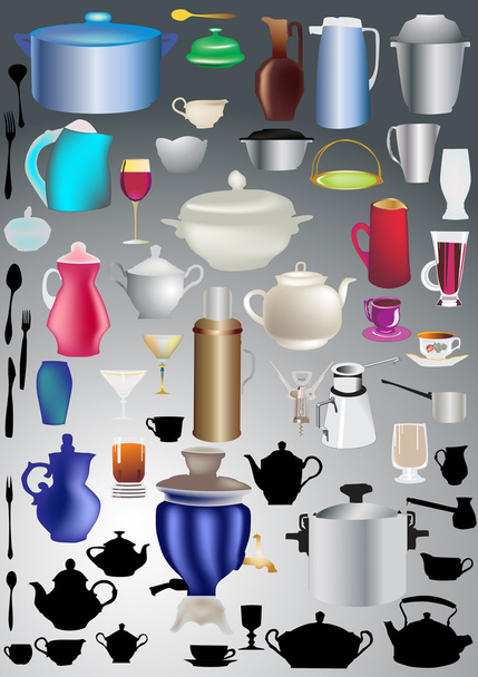 collection of dishware on grey - Vector, Image