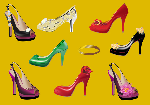 комплект женской обуви на желтом
 - Вектор,изображение