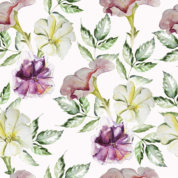 Pattern with Watercolor petunia flowers in the background - Fotoğraf, Görsel