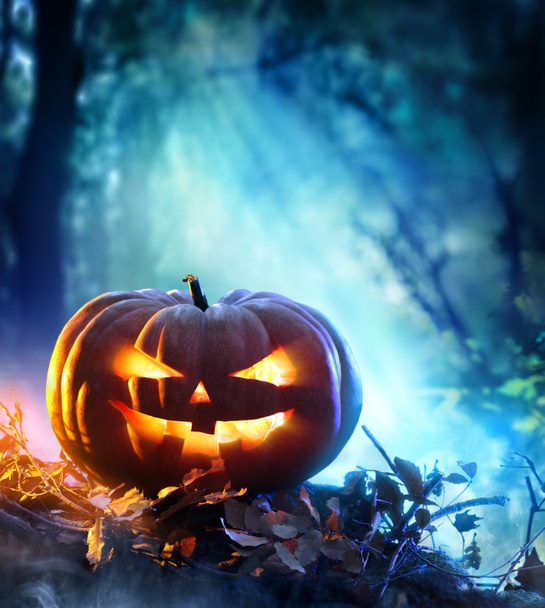 Тыква на Хэллоуин в жутком лесу ночью - жуткая сцена
 - Фото, изображение