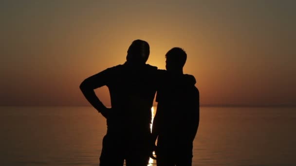 glückliches homosexuelles Paar beobachtet Sonnenuntergang am Strand - Filmmaterial, Video