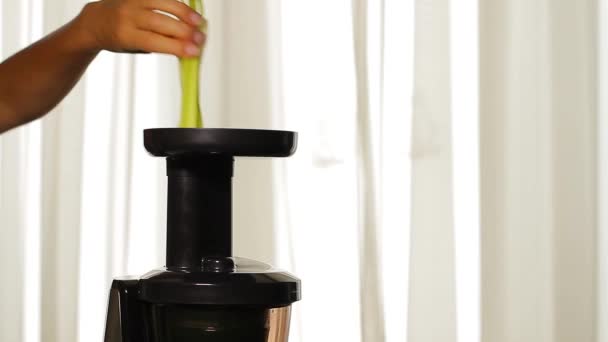 Womans hand  adding celery in juicer machine. - Footage, Video