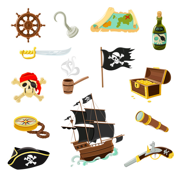 Pirate accessories flat icons set - Vector, Image