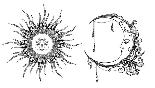Decorative Sun And Moon - Vector, Image