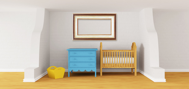 額縁とベビーベッドで赤ちゃんのベッドルーム - 写真・画像