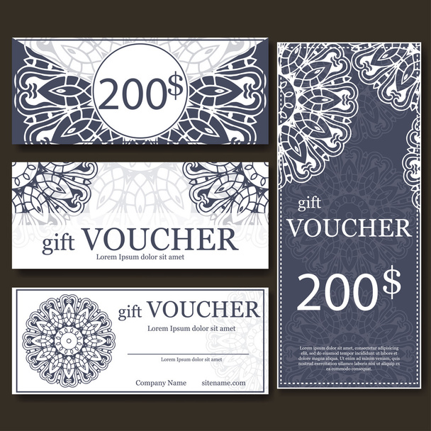 Gift voucher template with mandala. Design certificate for sport center, magazine or etc. Vector gift coupon with ornament on background. - Wektor, obraz
