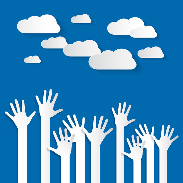 Handen - Paper geslepen Palm handen instellen vectorillustratie op blauwe hemelachtergrond met wolken - Vector, afbeelding