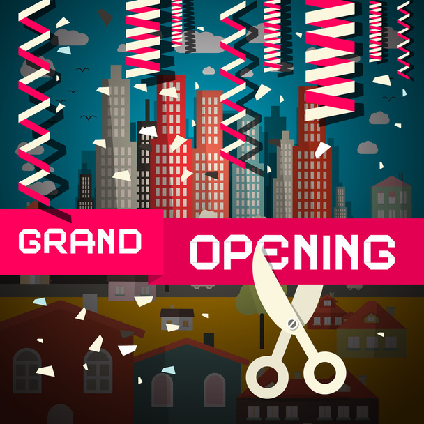 Векторная иллюстрация торжественного открытия с использованием конфетти и ножниц на фоне города
 - Вектор,изображение